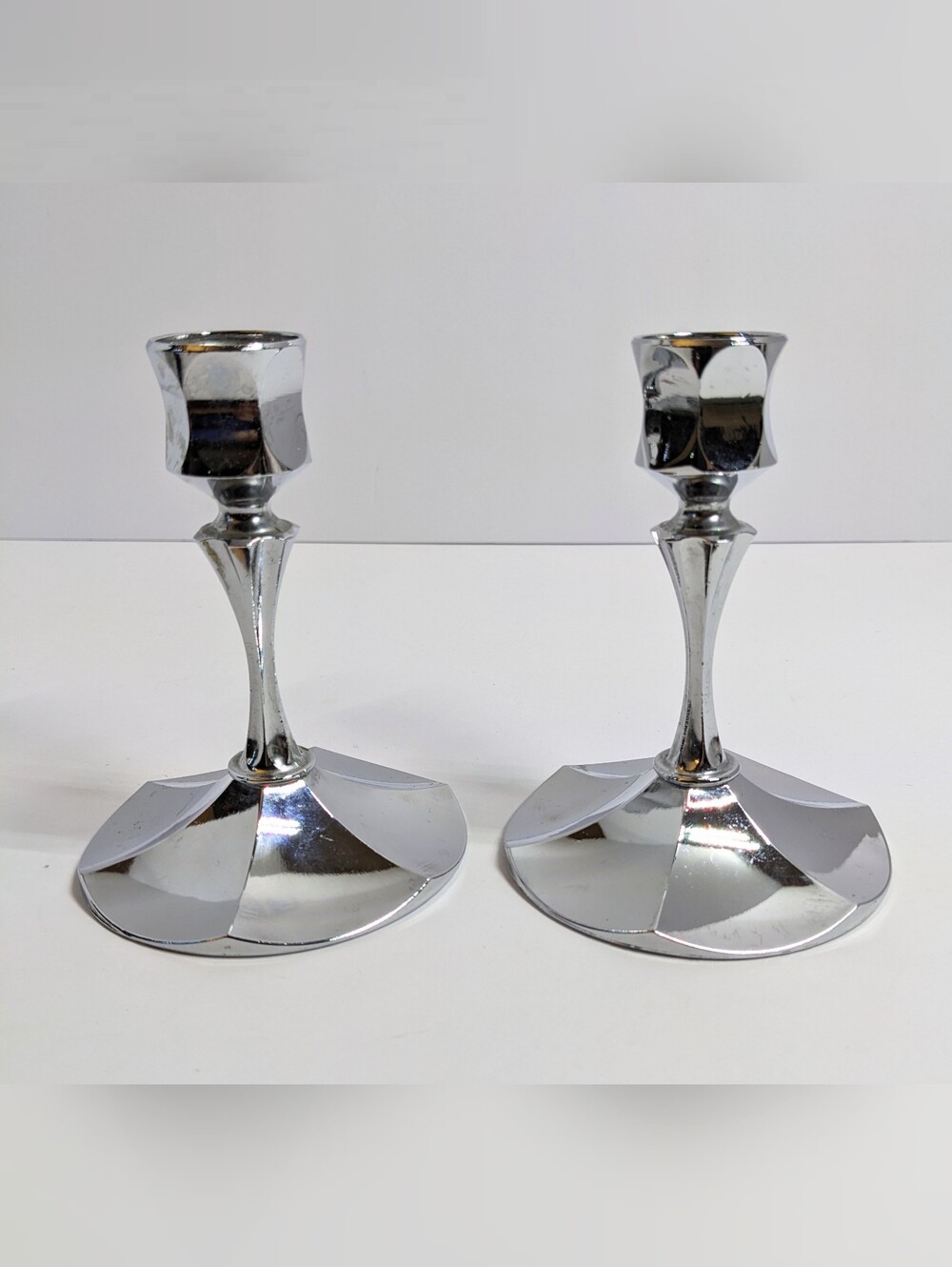 Irvinware Chrome Candle Holder Pair, Vintage 1970s, Made In U.S.A., 4.5" W/ Flaw